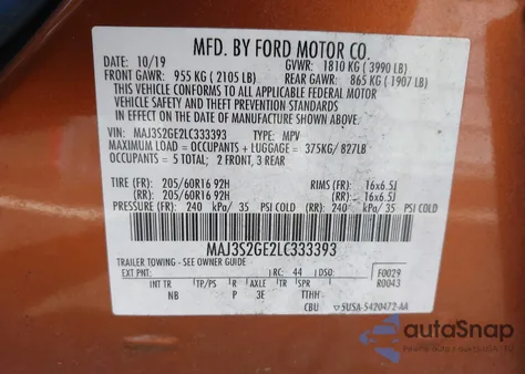 2020 Ford Ecosport Se z USA, uszkodzony, nr VIN MAJ3S2GE2LC333393